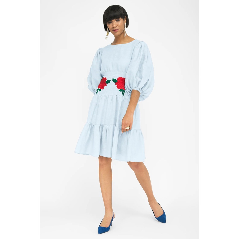 FANM MON Light Blue 100% Linen Rose Embroidered‎ Puff Sleeve Tiered Dress XS